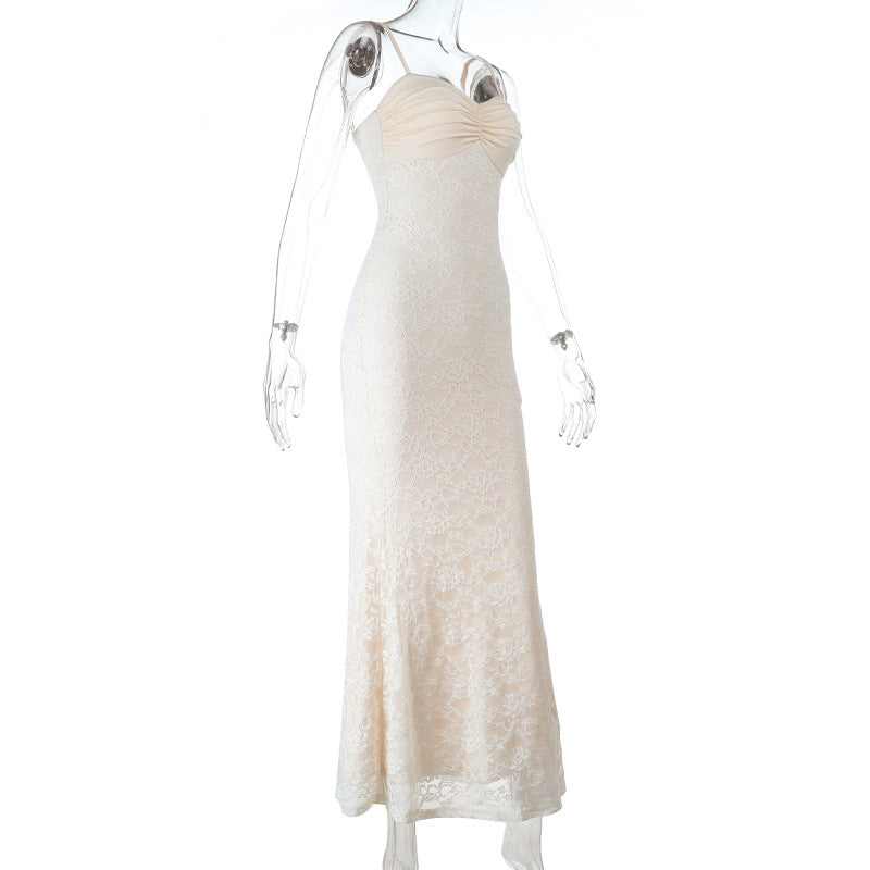 Elegant Ivory Ruched Lace Maxi Gown - Perfect for Fall Weddings & Holiday Galas