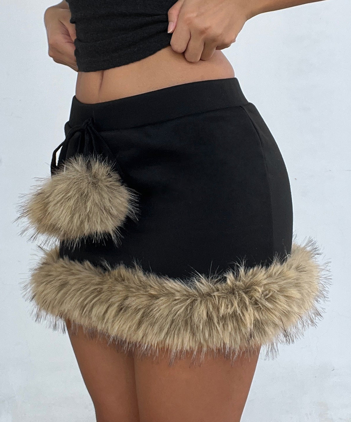 Cozy Chic Black Faux Fur Pom-Pom Mini Skirt - Y2K Fall & Holiday Party Ready!