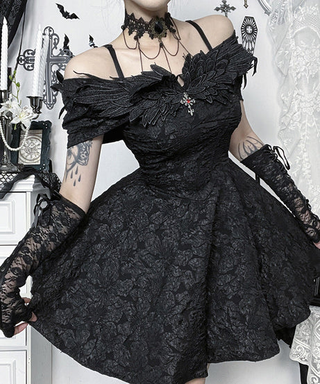 Enchanting Black Gothic Off-Shoulder Mini Dress - Textured Elegance for Fall & Halloween