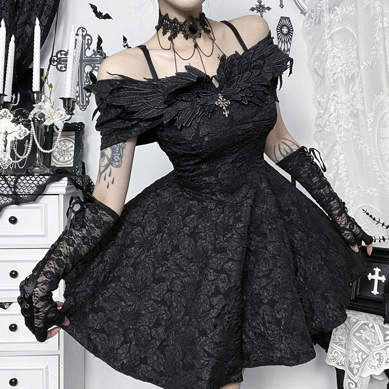 Enchanting Black Gothic Off-Shoulder Mini Dress - Textured Elegance for Fall & Halloween