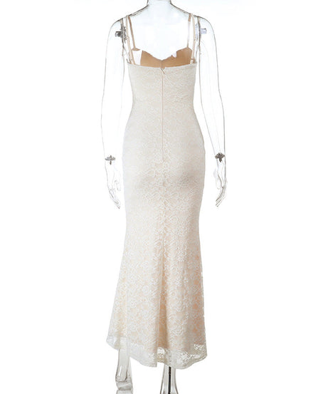 Elegant Ivory Ruched Lace Maxi Gown - Perfect for Fall Weddings & Holiday Galas