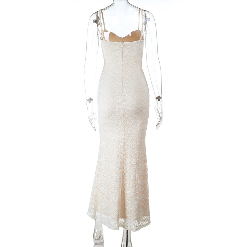 Elegant Ivory Ruched Lace Maxi Gown - Perfect for Fall Weddings & Holiday Galas