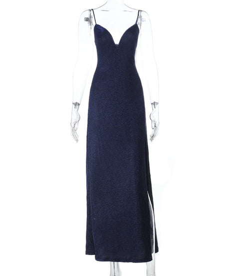 Radiant Navy Sparkle Maxi Dress | V-Neck Cami Gown for Holiday Parties & Galas