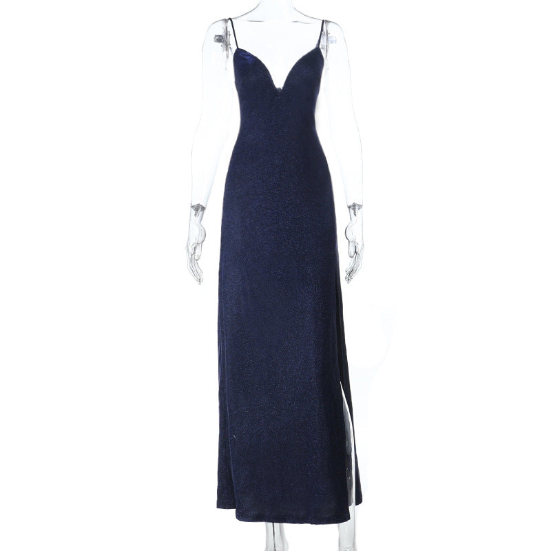 Radiant Navy Sparkle Maxi Dress | V-Neck Cami Gown for Holiday Parties & Galas