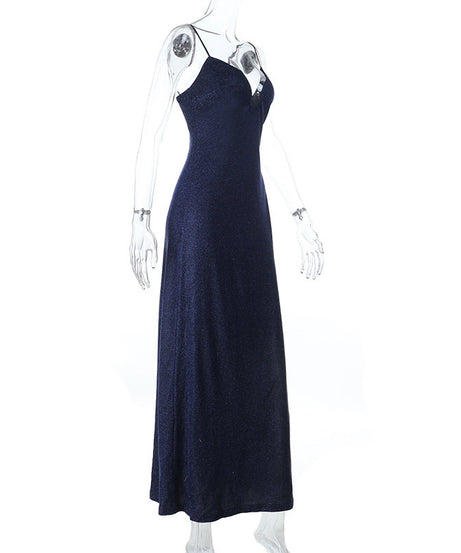 Radiant Navy Sparkle Maxi Dress | V-Neck Cami Gown for Holiday Parties & Galas