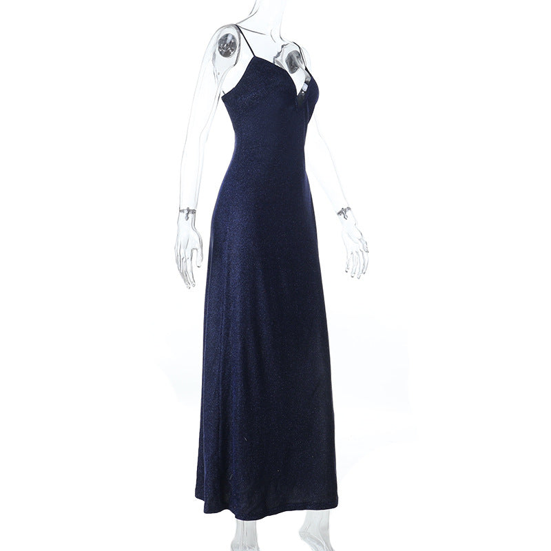 Radiant Navy Sparkle Maxi Dress | V-Neck Cami Gown for Holiday Parties & Galas