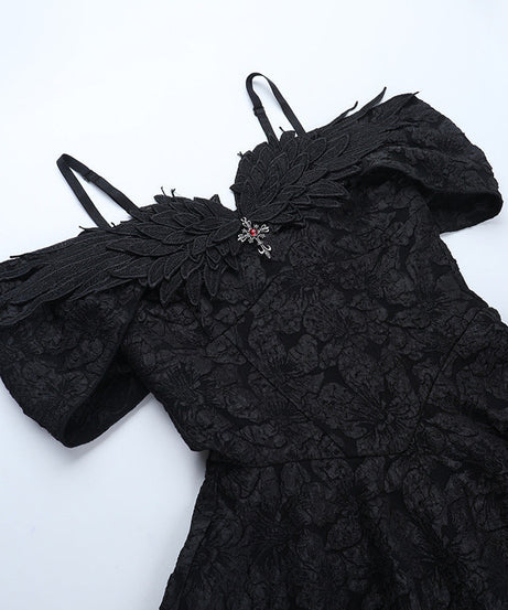 Enchanting Black Gothic Off-Shoulder Mini Dress - Textured Elegance for Fall & Halloween
