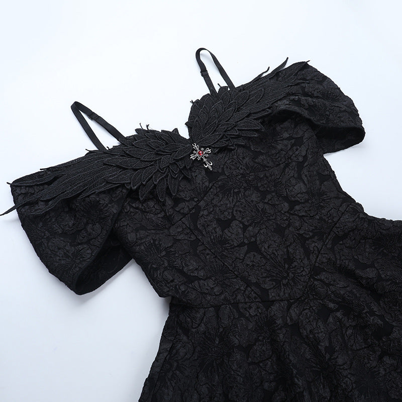 Enchanting Black Gothic Off-Shoulder Mini Dress - Textured Elegance for Fall & Halloween
