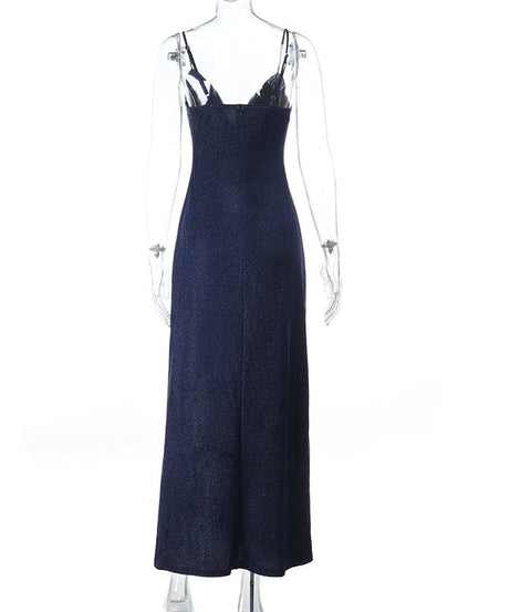 Radiant Navy Sparkle Maxi Dress | V-Neck Cami Gown for Holiday Parties & Galas