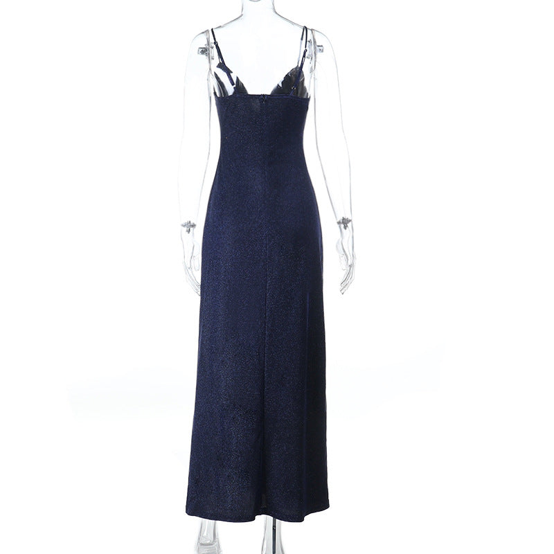 Radiant Navy Sparkle Maxi Dress | V-Neck Cami Gown for Holiday Parties & Galas