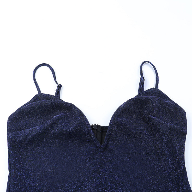 Radiant Navy Sparkle Maxi Dress | V-Neck Cami Gown for Holiday Parties & Galas