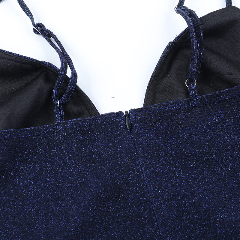 Radiant Navy Sparkle Maxi Dress | V-Neck Cami Gown for Holiday Parties & Galas