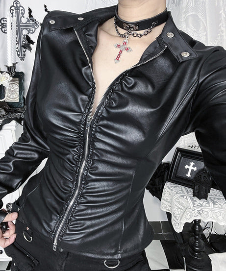 Gothic Glam Faux Leather Ruched Zip-Up Top | Women's Edgy Fall & Halloween Style