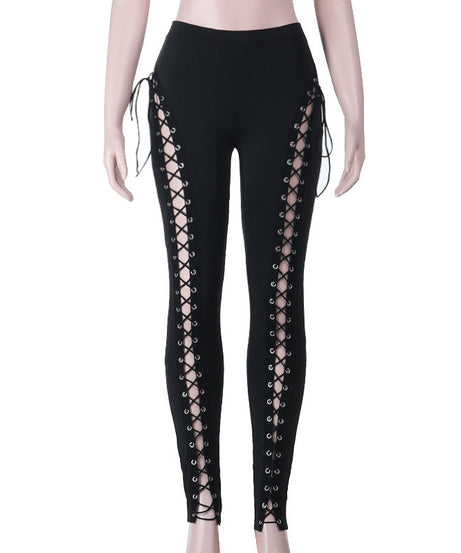 Sultry Side Lace-Up Leggings - Edgy Black Hollow Out Pants for Fall & Halloween