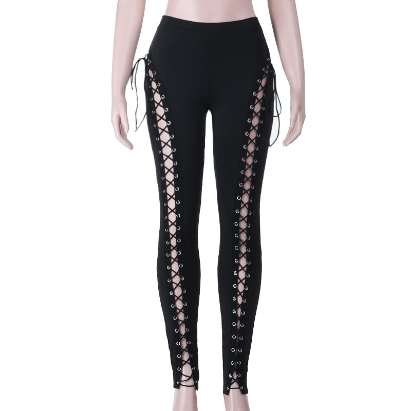 Sultry Side Lace-Up Leggings - Edgy Black Hollow Out Pants for Fall & Halloween