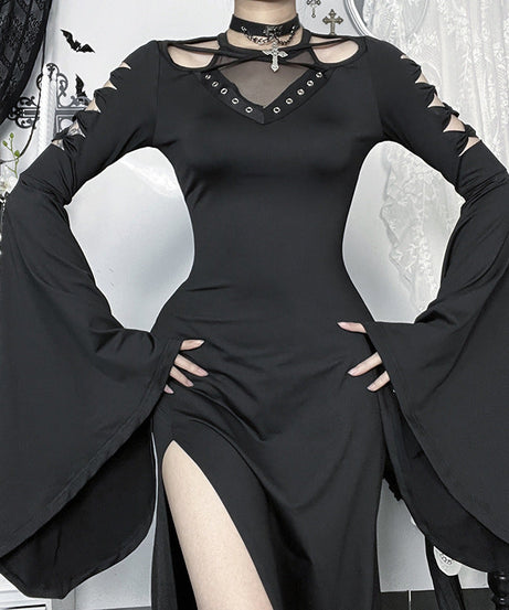 Bewitching Gothic Maxi Dress - Bell Sleeves, High Slit & Mesh | Halloween & Dark Elegance
