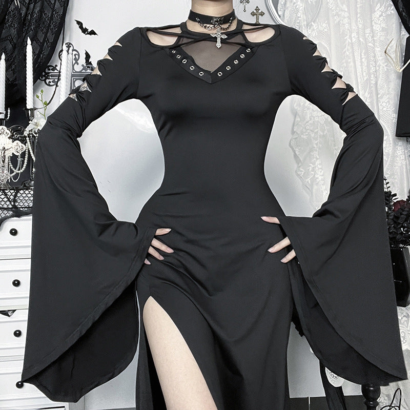 Bewitching Gothic Maxi Dress - Bell Sleeves, High Slit & Mesh | Halloween & Dark Elegance