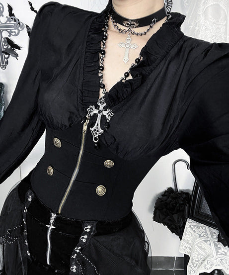 Dark Elegance Ruffled V-Neck Corset Blouse - Gothic Victorian Zip-Up Top for Fall & Halloween