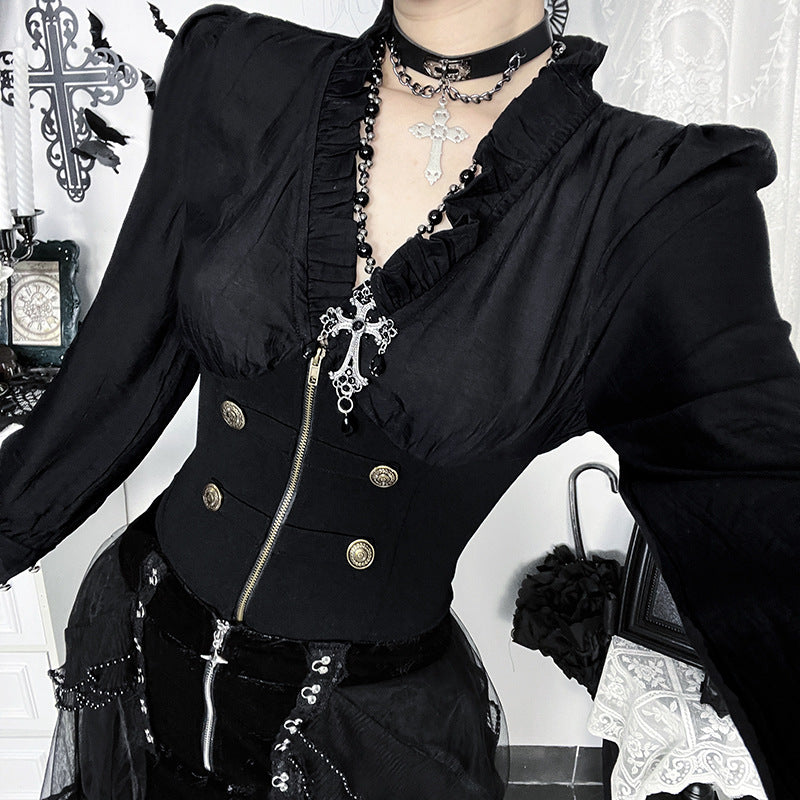 Dark Elegance Ruffled V-Neck Corset Blouse - Gothic Victorian Zip-Up Top for Fall & Halloween
