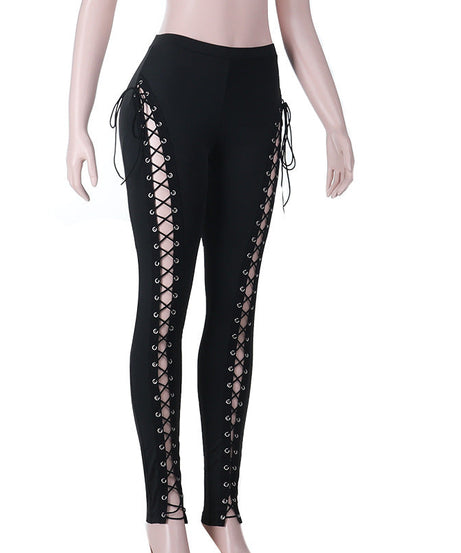 Sultry Side Lace-Up Leggings - Edgy Black Hollow Out Pants for Fall & Halloween