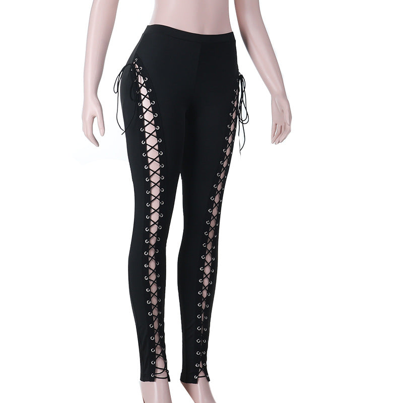 Sultry Side Lace-Up Leggings - Edgy Black Hollow Out Pants for Fall & Halloween