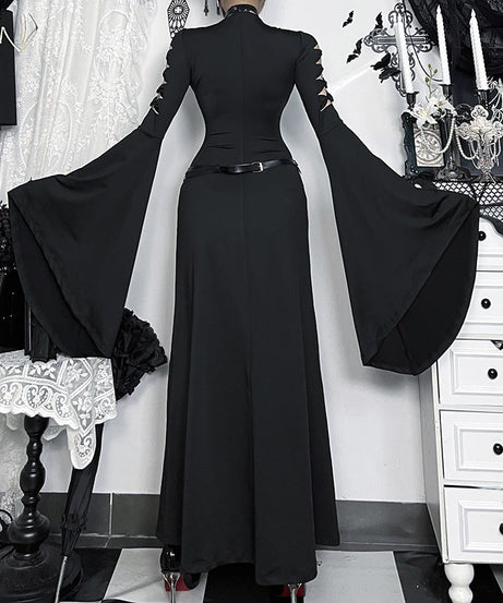 Bewitching Gothic Maxi Dress - Bell Sleeves, High Slit & Mesh | Halloween & Dark Elegance