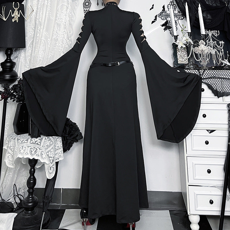 Bewitching Gothic Maxi Dress - Bell Sleeves, High Slit & Mesh | Halloween & Dark Elegance
