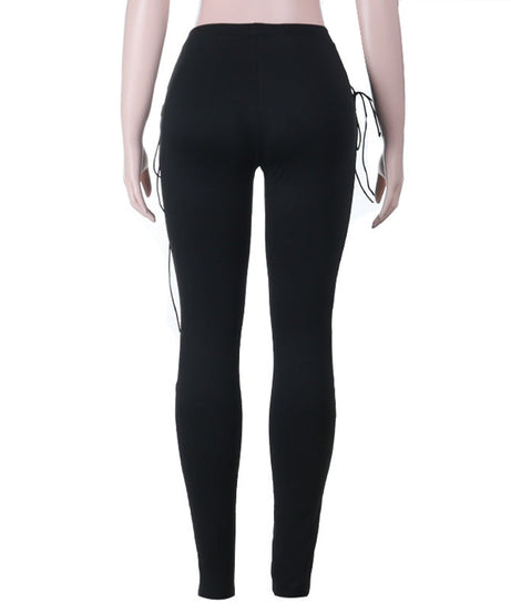 Sultry Side Lace-Up Leggings - Edgy Black Hollow Out Pants for Fall & Halloween