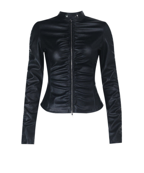 Gothic Glam Faux Leather Ruched Zip-Up Top | Women's Edgy Fall & Halloween Style
