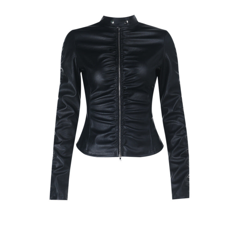 Gothic Glam Faux Leather Ruched Zip-Up Top | Women's Edgy Fall & Halloween Style