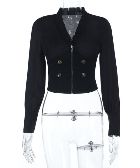 Dark Elegance Ruffled V-Neck Corset Blouse - Gothic Victorian Zip-Up Top for Fall & Halloween