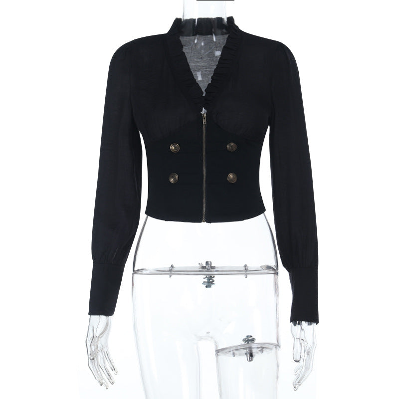 Dark Elegance Ruffled V-Neck Corset Blouse - Gothic Victorian Zip-Up Top for Fall & Halloween