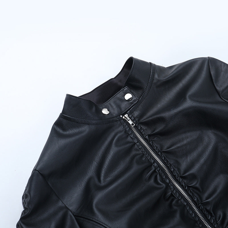 Gothic Glam Faux Leather Ruched Zip-Up Top | Women's Edgy Fall & Halloween Style