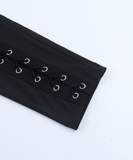 Sultry Side Lace-Up Leggings - Edgy Black Hollow Out Pants for Fall & Halloween