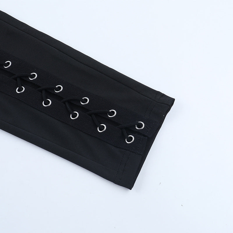 Sultry Side Lace-Up Leggings - Edgy Black Hollow Out Pants for Fall & Halloween