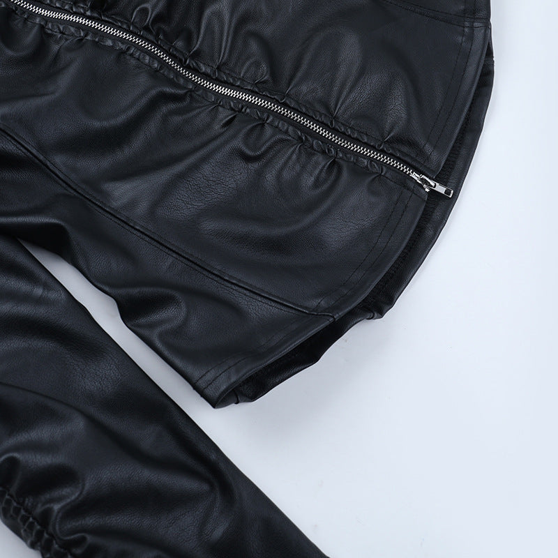 Gothic Glam Faux Leather Ruched Zip-Up Top | Women's Edgy Fall & Halloween Style