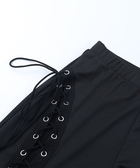 Sultry Side Lace-Up Leggings - Edgy Black Hollow Out Pants for Fall & Halloween
