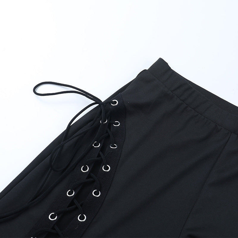 Sultry Side Lace-Up Leggings - Edgy Black Hollow Out Pants for Fall & Halloween