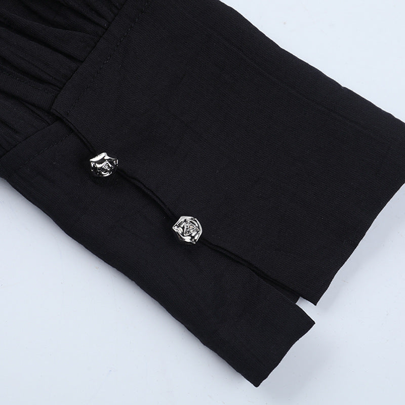 Dark Elegance Ruffled V-Neck Corset Blouse - Gothic Victorian Zip-Up Top for Fall & Halloween