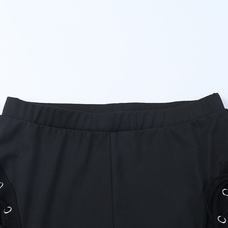 Sultry Side Lace-Up Leggings - Edgy Black Hollow Out Pants for Fall & Halloween