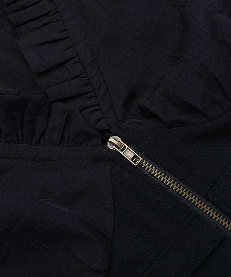 Dark Elegance Ruffled V-Neck Corset Blouse - Gothic Victorian Zip-Up Top for Fall & Halloween