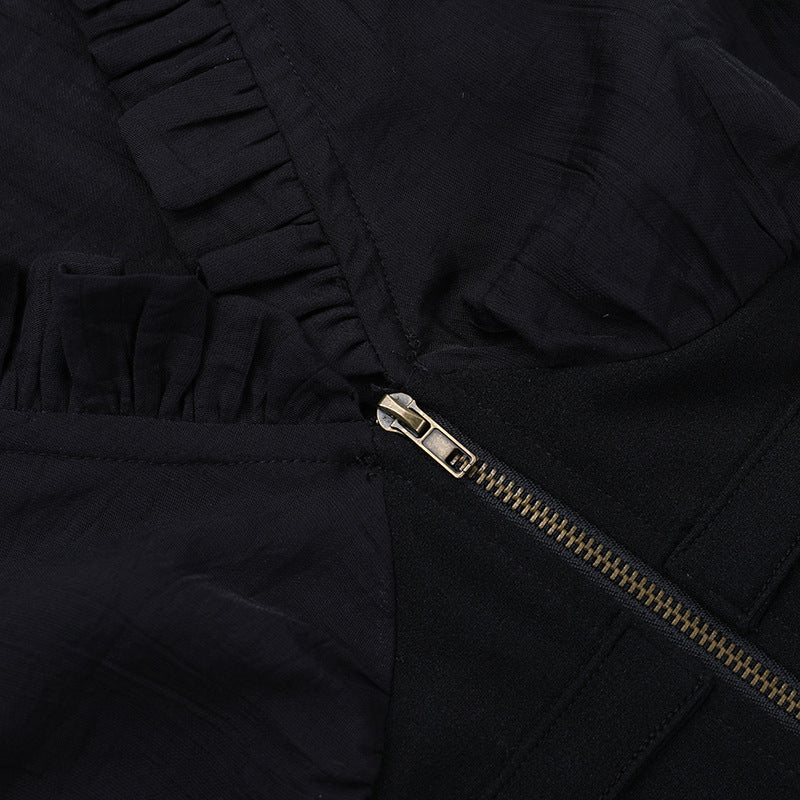 Dark Elegance Ruffled V-Neck Corset Blouse - Gothic Victorian Zip-Up Top for Fall & Halloween