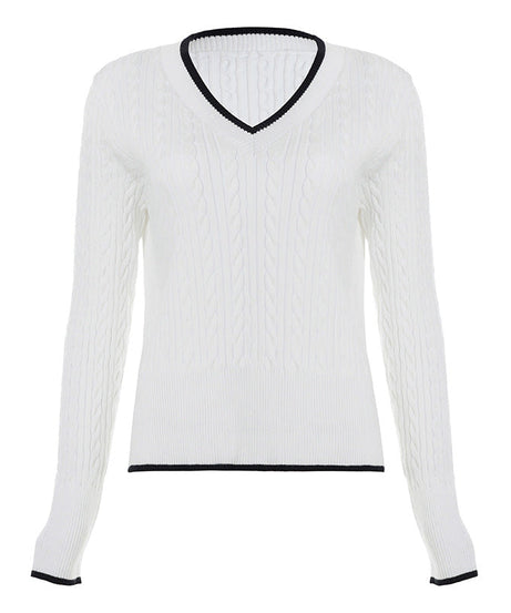 Preppy Chic White Cable Knit V-Neck Sweater | Contrast Trim Fall & Holiday Essential
