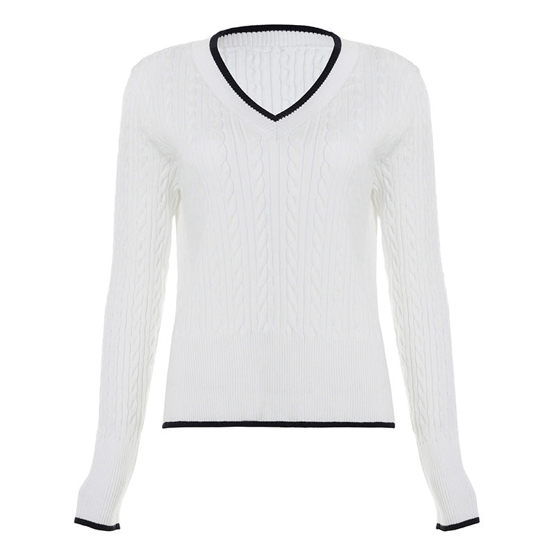 Preppy Chic White Cable Knit V-Neck Sweater | Contrast Trim Fall & Holiday Essential