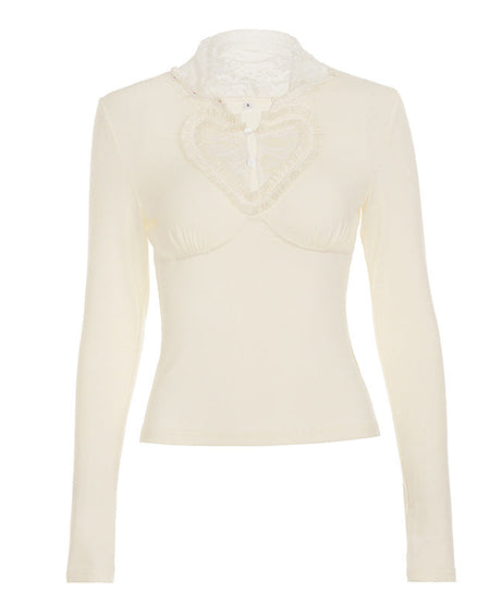 Chic Fall Sweetheart Lace Long Sleeve Top - Cozy High Neck Comfort