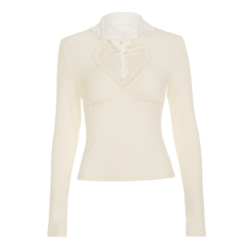Chic Fall Sweetheart Lace Long Sleeve Top - Cozy High Neck Comfort