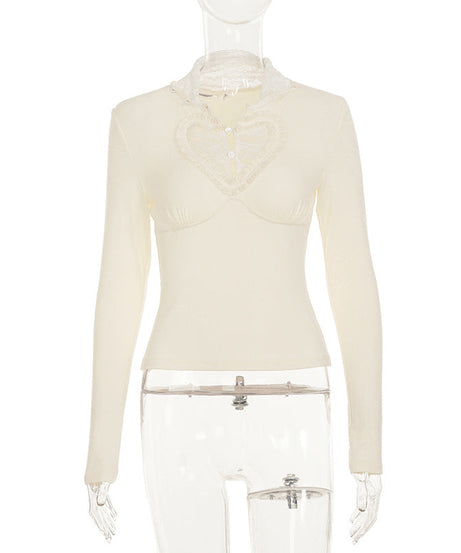 Chic Fall Sweetheart Lace Long Sleeve Top - Cozy High Neck Comfort