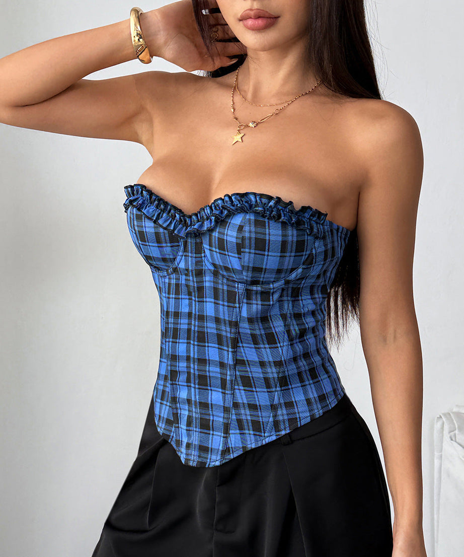 Effortless Fall Chic: American Plaid Sweetheart Ruffle Corset Top - Trendy Autumn Bustier