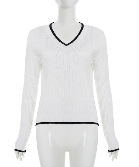 Preppy Chic White Cable Knit V-Neck Sweater | Contrast Trim Fall & Holiday Essential