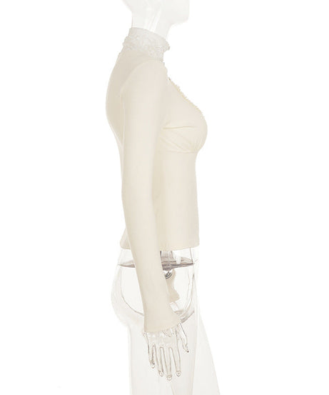 Chic Fall Sweetheart Lace Long Sleeve Top - Cozy High Neck Comfort